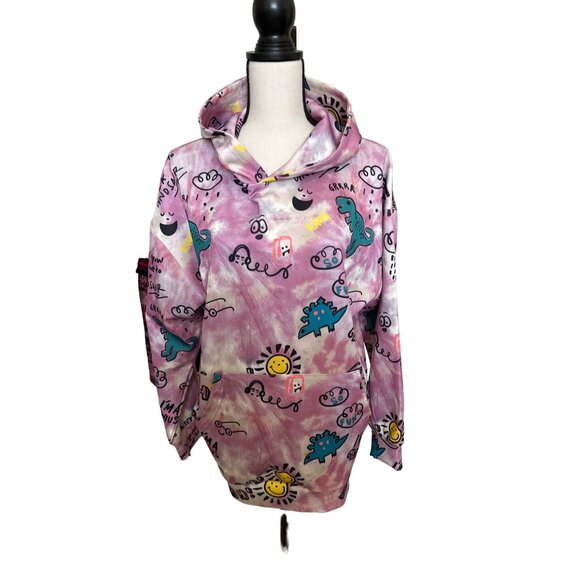 Shein Dinosaur Tie Dye Hoodie Purple Sunshine Faces Fun Kangaroo Pocket Medium - Picture 1 of 7